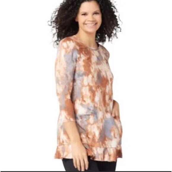 Vintage LOGO by Lori Goldstein Tunic Top Women M Brown Abstract Print Ruffle Y2K - Picture 2 of 11